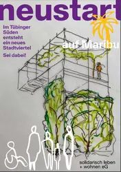 Cover Flyer "Neustart auf Maribu" 2024, Neustart: solidarische leben + wohnen eG Das Cover zeigt ein stilisiertes Gebäude mit begrünter Fassade und eine stilisierte Gruppe ganz unterschiedlicher Menschen